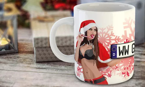 Sexy christmas mug with the girl next to the package