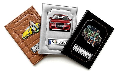 Car document holder with photo and license plate for your son