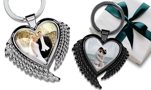 Heart-shaped keychain with wings and a photo of your husband