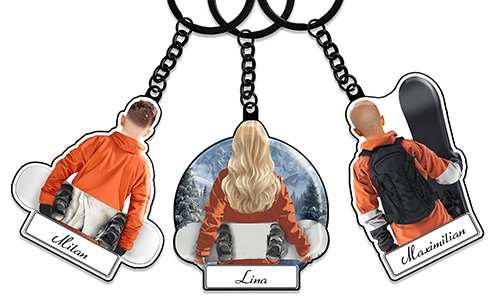 Keychain For Snowboarders With Your Chosen Name And Hairstyle