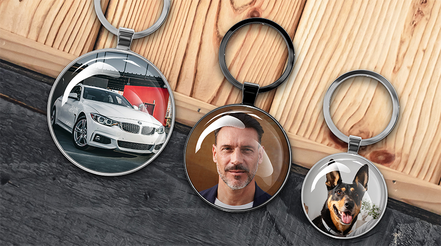 Individuell rund nøkkelring med trykt foto