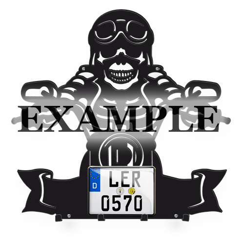 Keyholder wall skeleton motorcycle rider license plate text printed
