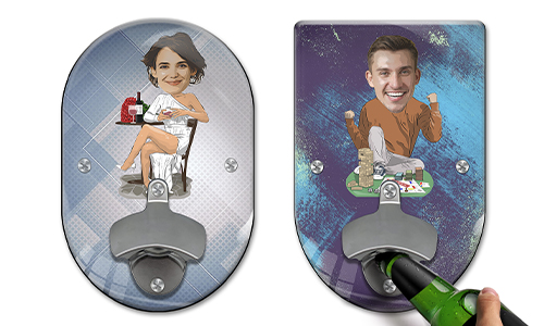 Personalizovaný nástěnný otvírák na láhve s komiksovým designem koníčku nebo povolání