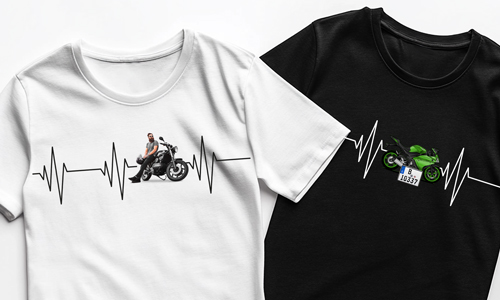 Personalisiertes T-Shirt für einen Motorradfahrer mit Foto vom Motorrad und Kennzeichen