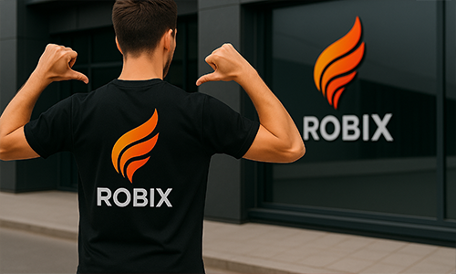 Person zeigt auf personalisiertes schwarzes T-Shirt mit „ROBIX“-Flammenlogo, das zur Markenbildung am Fenster des Gebäudes passt.