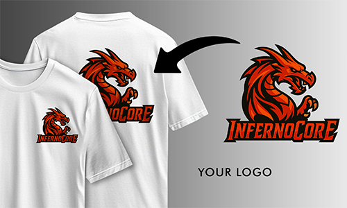 Zwei weiße personalisierte T-Shirts mit furchteinflößendem Drachen-Logo von „INFERNOCORE“ von vorne und hinten zeigen Pfeil zur Platzierung.