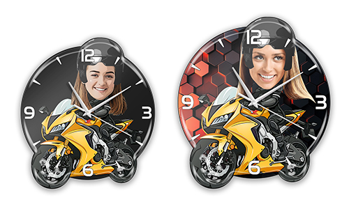 Personalisierte Wanduhr Comic Hobby - Frau Motorrad