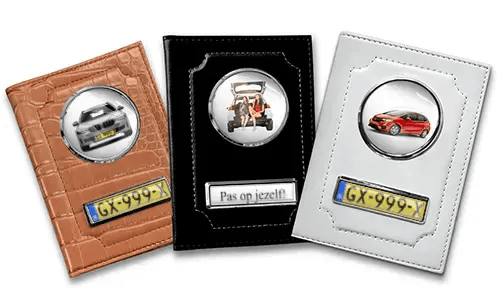 Standard car document holder with car/photo and license plate for your sister