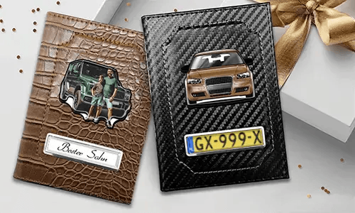 Car document holder with photo and license plate for your son