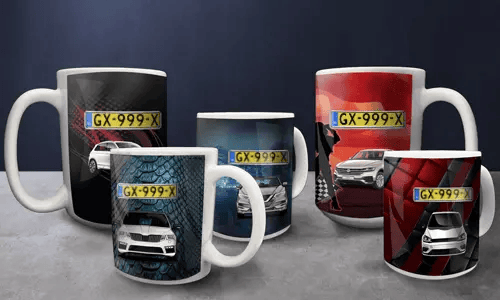 Three vehicle-themed mugs: green motorcycle with lightning and 