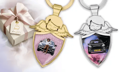Personalised angel keychain shield as a gift for your daughter