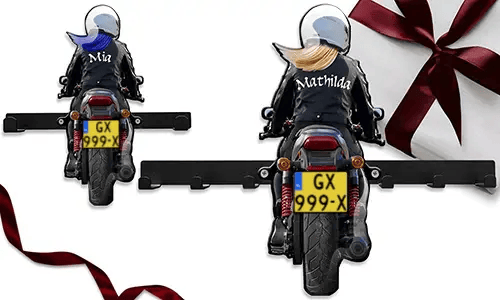 Unique keyholder-wall for a wife motorcyclist with her name and licence plate