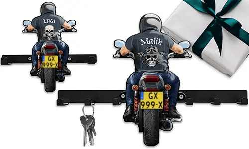 Unieke motorfiets sleutelhanger-muur voor je man - zijn naam en kenteken