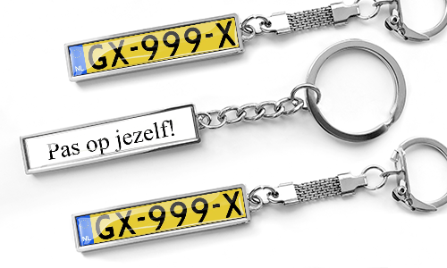 Business style metal keychains with custom license plate text and engraved message design