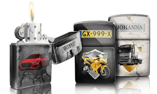 Three metallic lighters with custom designs: a red car, yellow motorcycle with license plate, and a truck with 