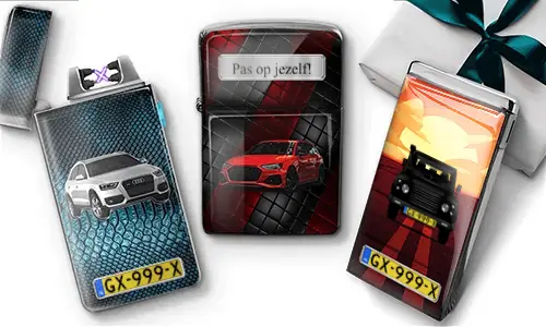Three personalized car-themed lighters with Audi, sports car and Mercedes designs
