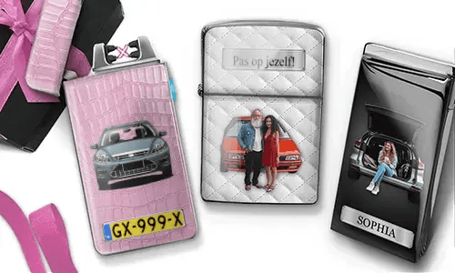 Two personalized lighters with family photos and custom car designs
