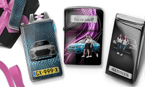 Three custom electronic lighters with car-themed photo prints: blue BMW with 