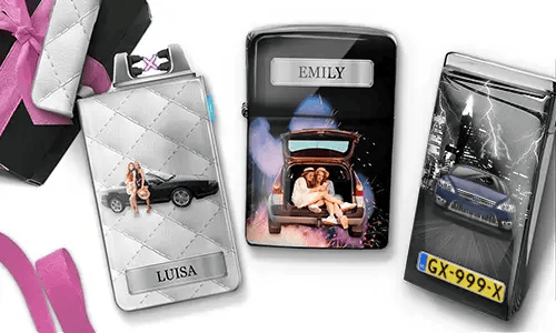 Drei personalisierte Feuerzeuge mit Auto-Motiven und den Namen „Luisa“ und „Emily“ sowie rosa Akzenten. Die Verpackung verleiht eine festliche Stimmung.