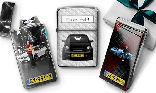 Personalized car lighters with dad photos, vehicles, license plates, and “Hab dich lieb, Papa!” design