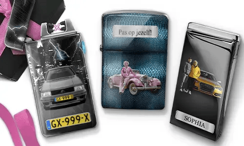 Three personalized stainless steel lighters featuring custom grandma photos, cars, and heartfelt messages