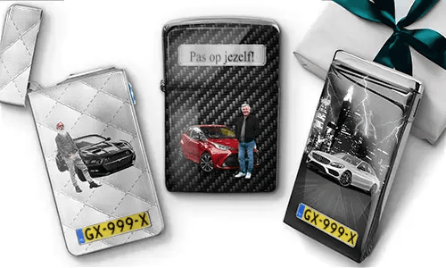 Three personalized lighters feature images of cars with people, license plate designs, and a message reading 