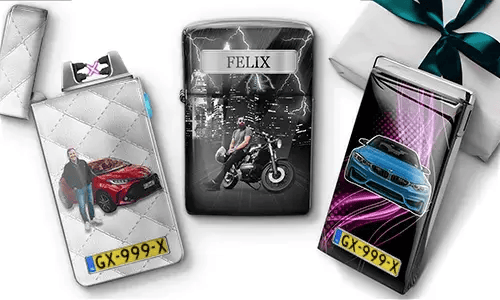 Three personalized stainless steel lighters featuring custom names, photos, cars, and a motorcycle