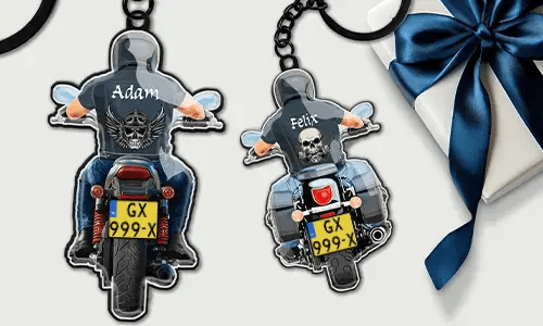 Motorfiets sleutelhanger met naam en kenteken voor beste vrienden