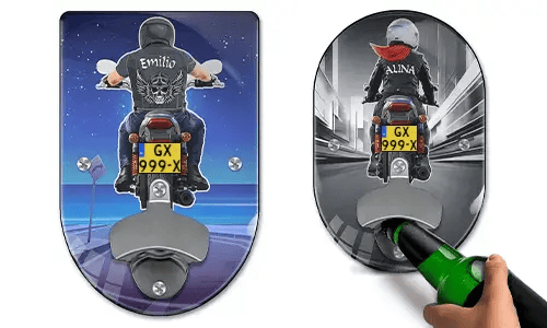 Abrebotellas de pared con motocicleta y nombre