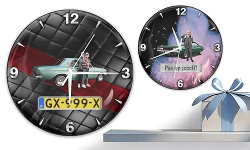 Two wall clocks with vintage cars and figures: left with turquoise car and quilted background, right with green car and fiery cosmic theme