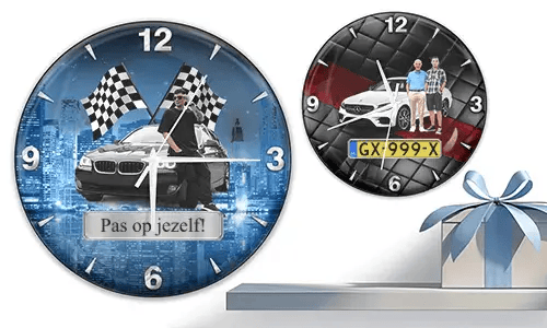 Two wall clocks with white cars and male figures: left with cityscape and racing flags, right with quilted red-black background