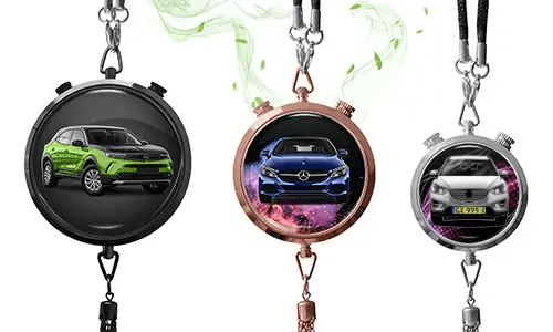 Three pendant-style frames with car images: black with green SUV, rose gold with blue Mercedes, silver with white car