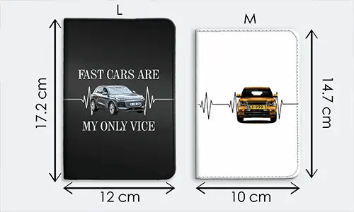 Två anteckningsboksomslag L och M: Svart 17,2x12 cm med bil och FAST CARS citat, Vit 14,7x10 cm bara med bilgrafik