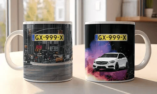 Two white mugs with car-themed prints: red BMW in urban setting, white Mercedes with sparks and colorful background