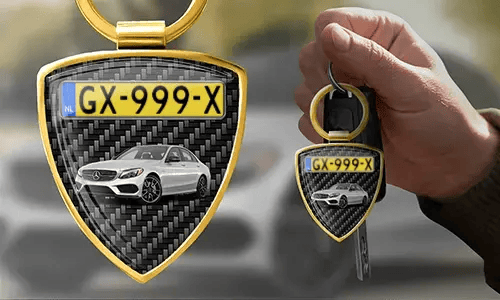 Shield photo keychain with custom car photo and license plate