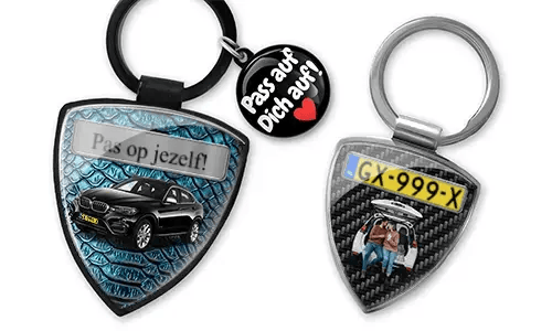 Shield photo keychain with custom car photo and license plate