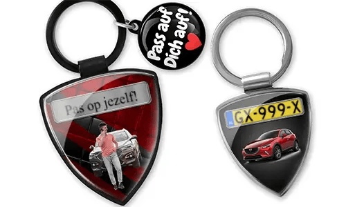 Shield photo keychain with custom car photo and license plate