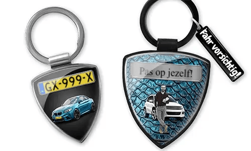 Shield photo keychain with custom car photo and license plate