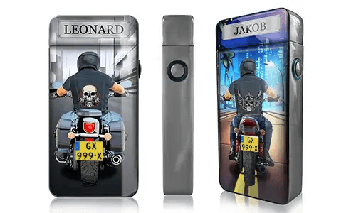Two rectangular biker-themed devices show motorcyclists from behind. Each biker wears a skull-print shirt and rides on an urban road. Names 