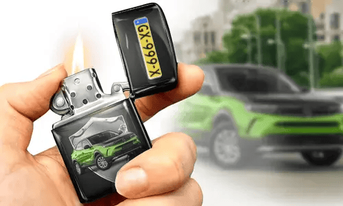 Eine Hand hält ein brennendes Feuerzeug mit einem grünen Auto-Motiv und Kennzeichen. Im Hintergrund ist ein unscharfes grünes Auto zu sehen, das dem Design des Feuerzeugs entspricht.