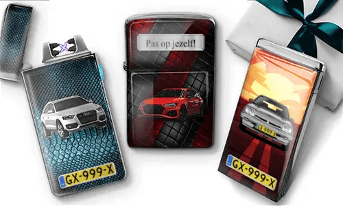 Three car-themed lighters: silver Audi SUV on blue snakeskin background, red sports car with 