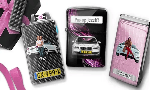 Three personalized stainless steel lighters with romantic car designs, custom photos, messages, and license plate details