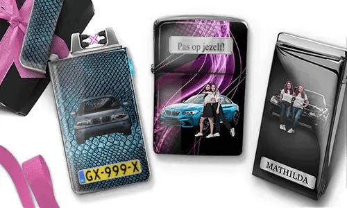 Three personalized car-themed lighters featuring custom photos, racing details, and unique vehicle designs.