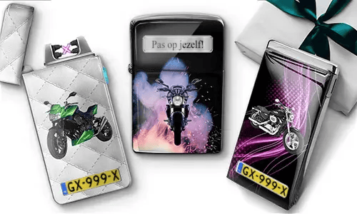 Three personalized motorcycle-themed lighters with custom bike designs and license plates