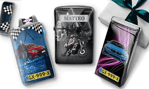 Three personalized lighters with printed images: a red car with a person, a motorcycle scene with lightning, and a blue car with 