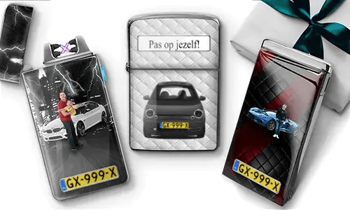 Three personalized car lighters with custom photos, license plates, and unique automotive designs.