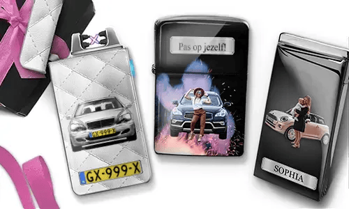 Three personalized lighters with custom mother photos, cars, license plate, and “Beste Mama” designs.