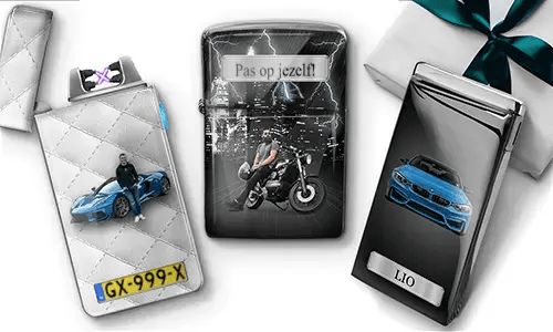 Three personalized cigarette lighters with designs: a man posing with a blue car, a person on a motorcycle, and a blue car with 