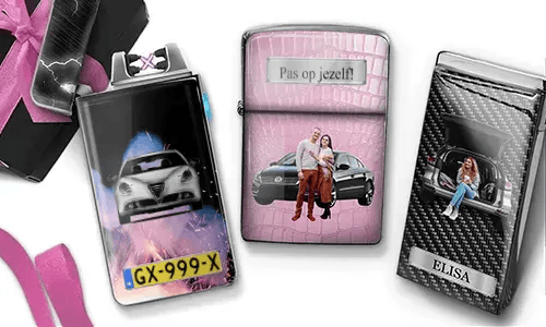 Three custom lighters with romantic car-themed designs: woman in trunk, couple in front of car, carbon-style car