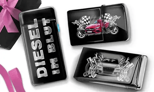 Plastic cases featuring automotive themes: one with 